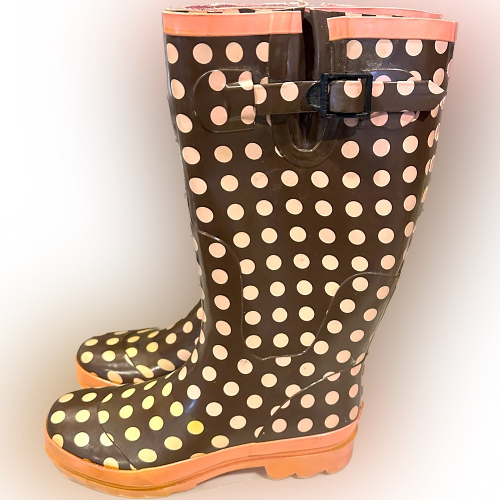 VTG GROOVE Brown & Pink Polka Dot RUBBER RAIN BOOT SZ:7 SNOW GARDEN GALOSHES